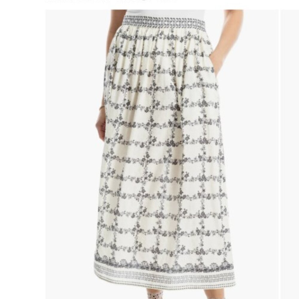 NWT MAX STUDIO A-Line Maxi Skirt Large  Off White/ Black Floral